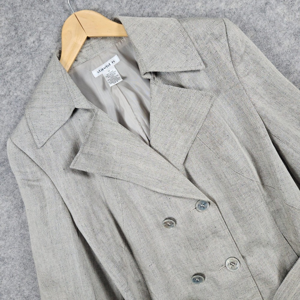 David N Womens‎ Double Breasted Belt Jacket Size 16 Linen/Rayon Gray Herringbone